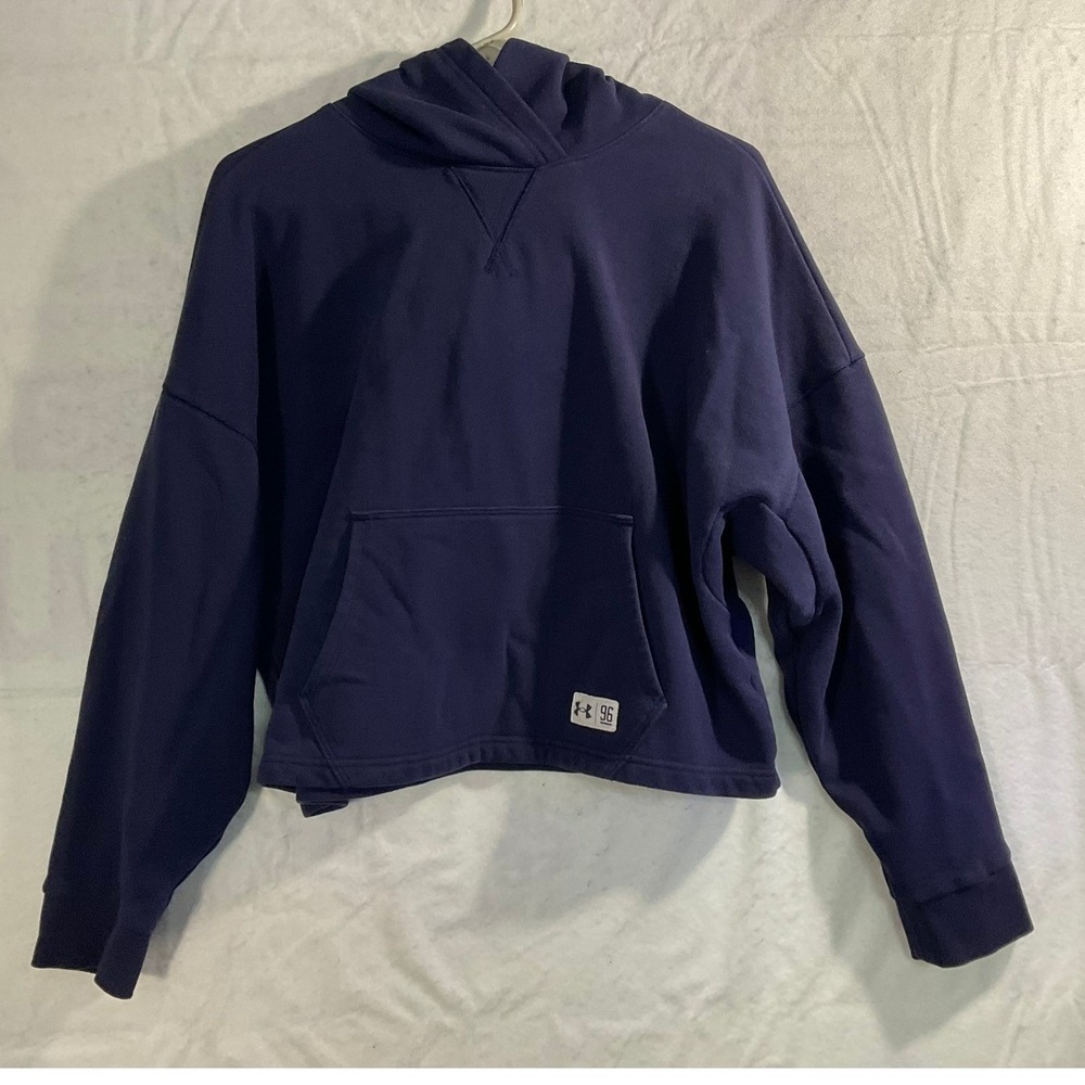 Under Armour Hoodie Womens Medium Blue Waffle Knit Cropped Pullover 96 Logo